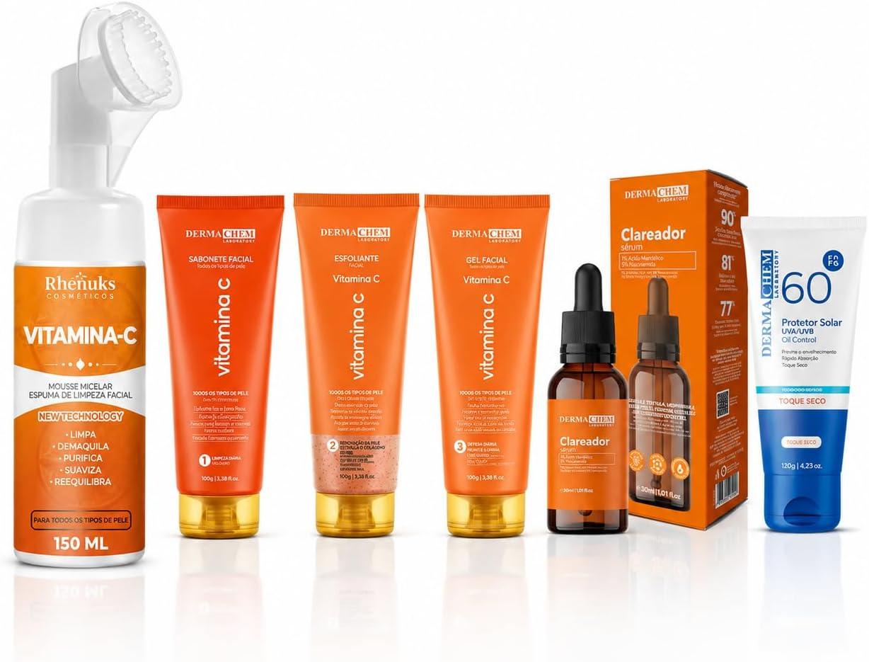 Kit Skincare Vitamina C Sabonete+Esfoliante+Gel Hidratante+Serum Clareador+Protetor Solar Sem Cor FPS60 Dermachem+Mousse Micelar Vit. C Rhenuks