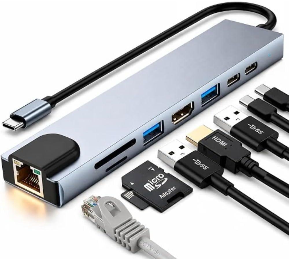 Adaptador Hub Usb Com 8 Portas Rj45 Hdmi Usb 3.0 E 2.0 Tipo C Micro Sd Cartão Ethernet Cabo Thunderbolt Dock Station Dex Macbook iPad Type C Tablet Computador Pc Notebook
