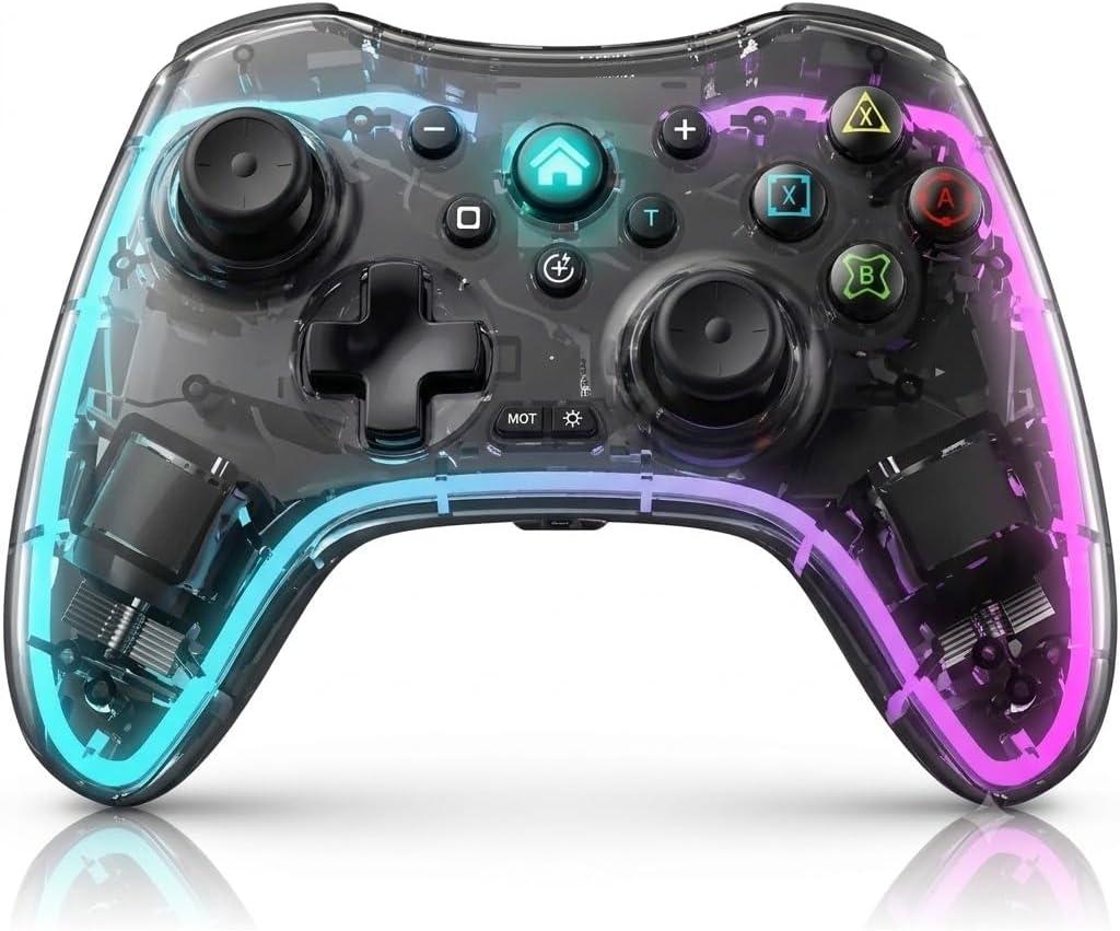 Controle Sem Fio Compatível com Pc, Ps4, Ps3,Switch/Lite/OLED, 2 Paddles Programáveis Bluetooth Gamer RGB Transparente, Notebook, Android, Vibração Dupla
