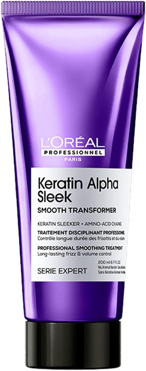 L'Oréal Professionnel Keratin Alpha Sleek Smooth Transformer Tratamento Profissional gradativo l 2 semanas de fios alinhados, controle de frizz e volume l Finalização rápida,brilho instantâneo l 200ml
