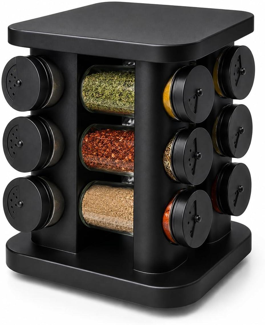 Porta Temperos Giratório Preto com 12 Potes de Vidro 85ml Premium