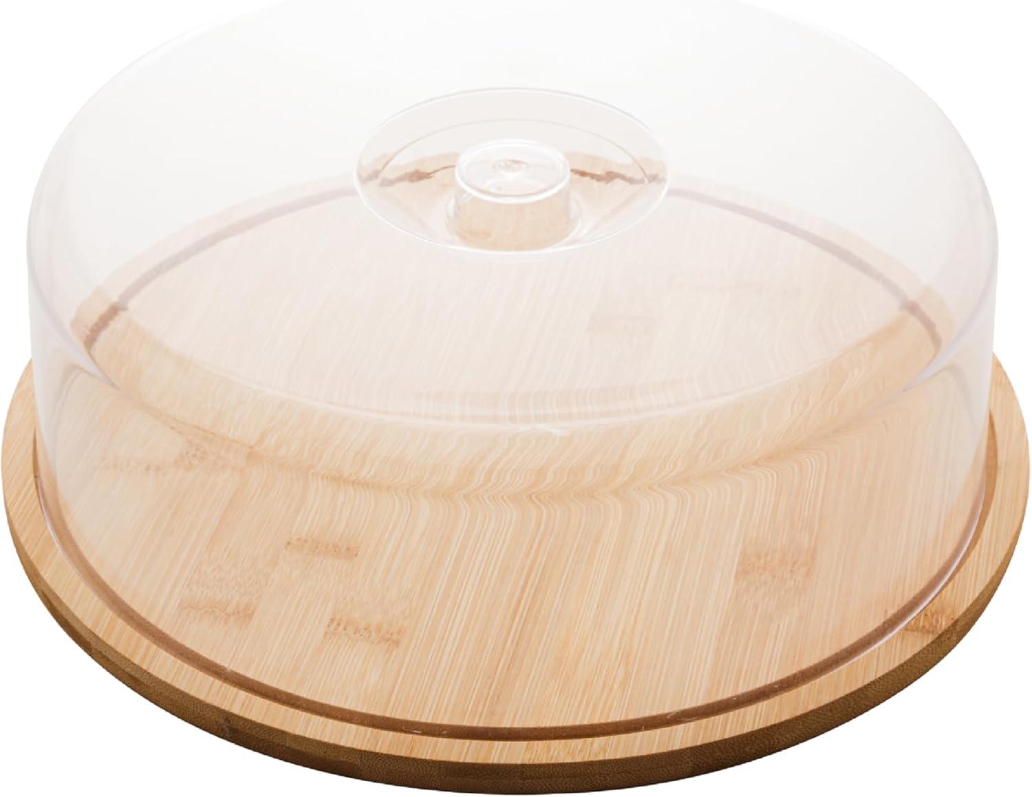 LYOR - Prato para Bolo de Bambu com Tampa em Plástico 28cm x 28cm x 9,5cm