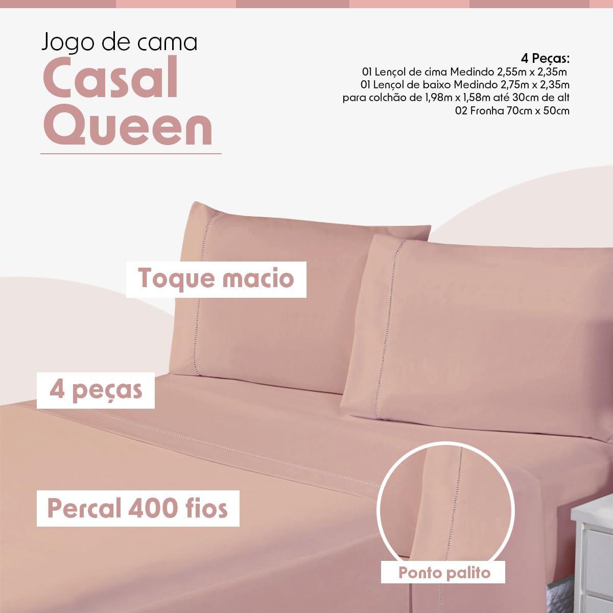 Jogo de Cama Casal Queen Percal 400 Fios Ponto Palito 04 Peças, Antiácaro, Não faz bolinha Toque Extra Macio (Rosê)