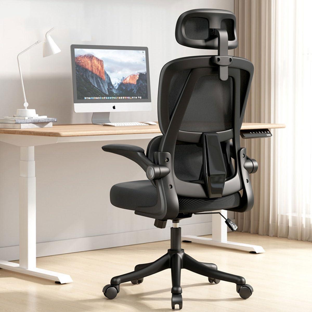 EKROTOK Cadeira de Escritório com Almofada de Assento de Látex, Cadeiras Ergonômicas para Computador com Apoio de Braços Retráteis e Apoio Lombar com Encosto Alto Trabalho (Preto)