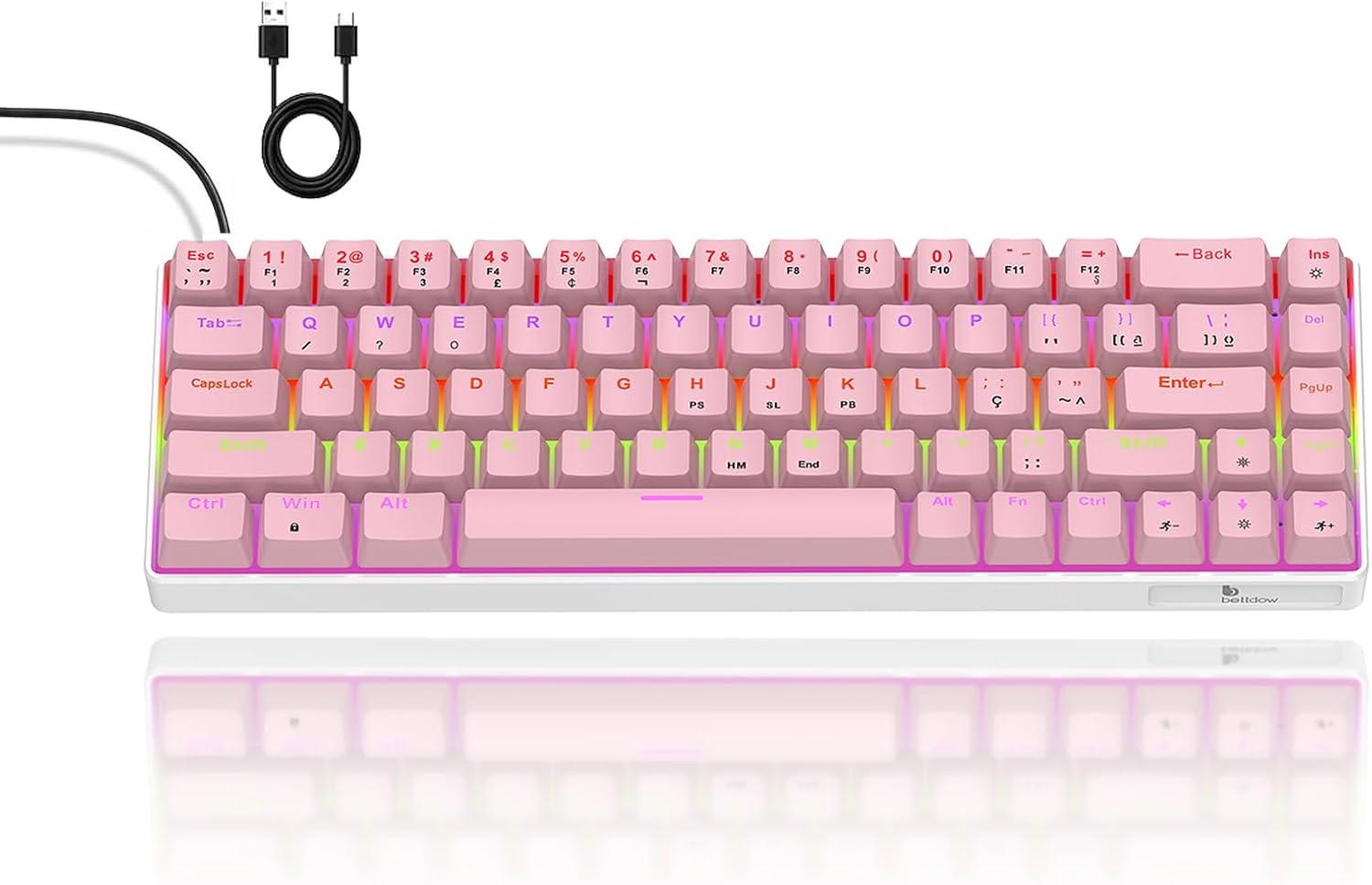 Bettdow Teclado Mecânico KM004 ABNT2, Teclado Gamer com Fio Compacto 68 Teclas com Switches Vermelho, RGB 17 Efeitos, Anti-Ghosting 21 Teclas, Type-C Destacável, para PC Mac Notebook