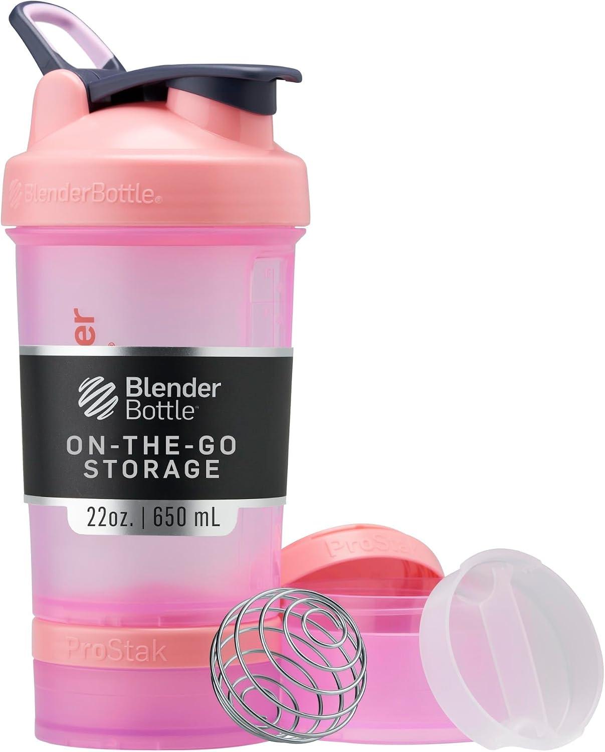 BlenderBottle Coqueteleira com organizador de comprimidos e armazenamento para proteína em pó, sistema clássico V2 ProStak, 640 ml, rosa