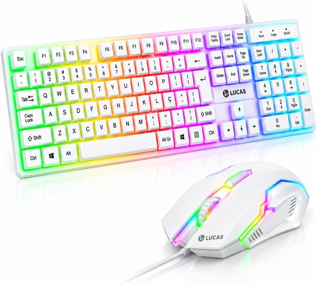 Kit Teclado e Mouse Gamer, Teclado Mecânico Gamer, Iluminação Ajustável USB Plug Play, Teclas Macias Digitação Confortável Design Ergonômico para Jogos Escritório Compatível, Notbook Laptop