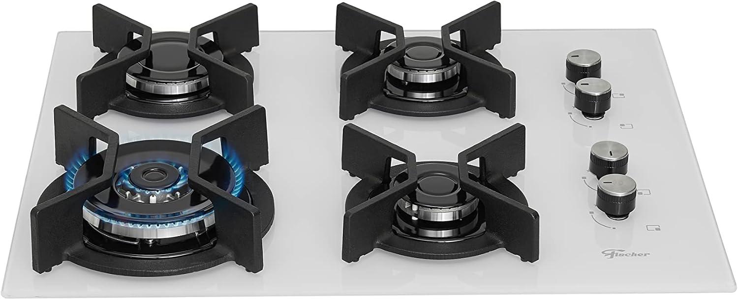 Fischer Cooktop à Gás 4 Bocas Tripla Chama Infinity Mesa Vidro Branco Bivolt - 26297-62936