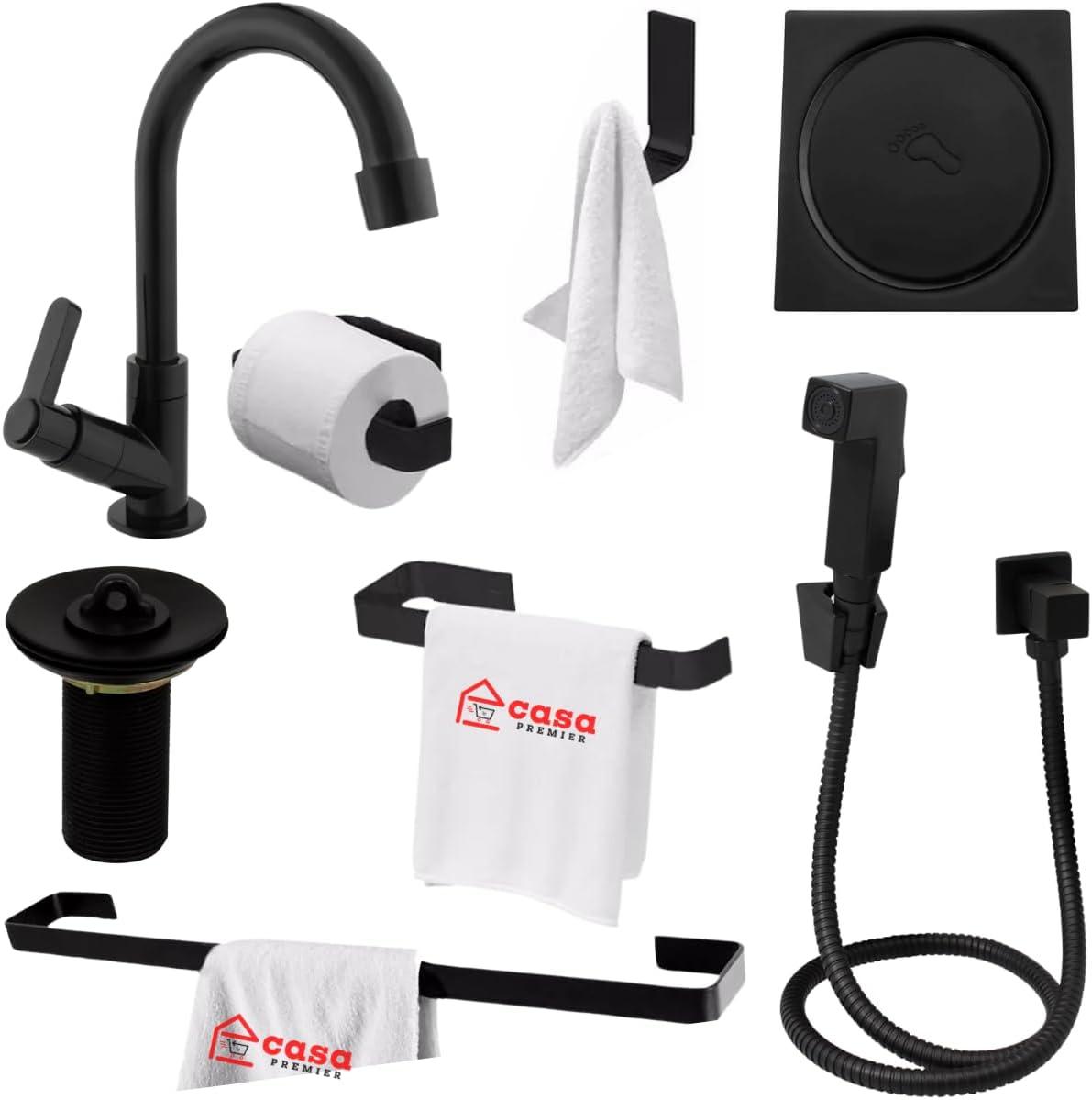 Kit Acessórios Banheiro Luxo Preto Fosco + Ducha Higiênica Black + Ralo Click Inteligente Inox + Válvula Pia Ralo Preto + Torneira Abs Bica Móvel