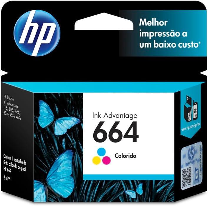 Cartucho de Tinta HP 664 Colorido Original (F6V28AB) Para Impressora Deskjet 2136, 2676, 3776, 5076, 5276