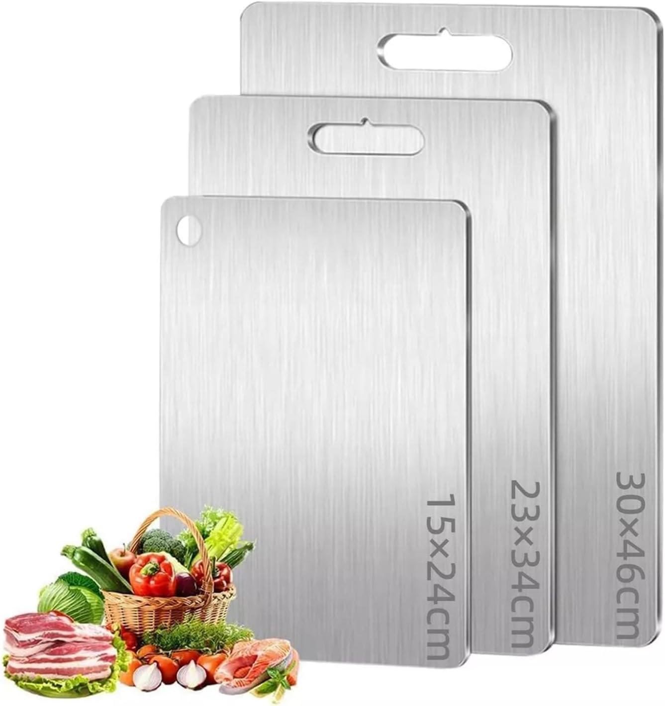 Kit 3 Tábuas de Corte BEMMY em Aço Inoxidável, Dupla Face, para Carne e Vegetais, Tamanhos 15x24cm, 23x34cm, 30x46cm