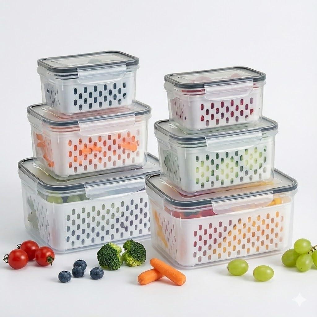 Kit 6 Organizadores de Geladeira com Cesto Removível Potes Herméticos de Plástico Livre de BPA para Frutas Verduras Alimentos (Cinza)