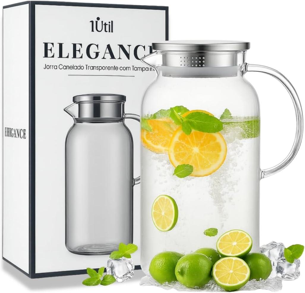 Jarra de Vidro Elegance Tampa de Inox 1,8L – Design Clean e Sofisticado, Estilo Atemporal, Ideal para Servir Água, Suco e Chá com Elegância KOALAECOM®