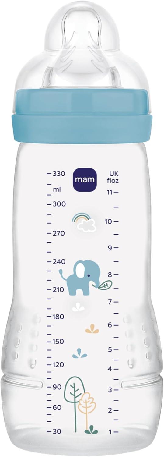MAM Baby 1 Mamadeira Easy Active 330ml Com Formato Ergonômico e Fácil de Segurar para Crianças 4+ Meses com Bico de Silicone Skinsoft, Azul