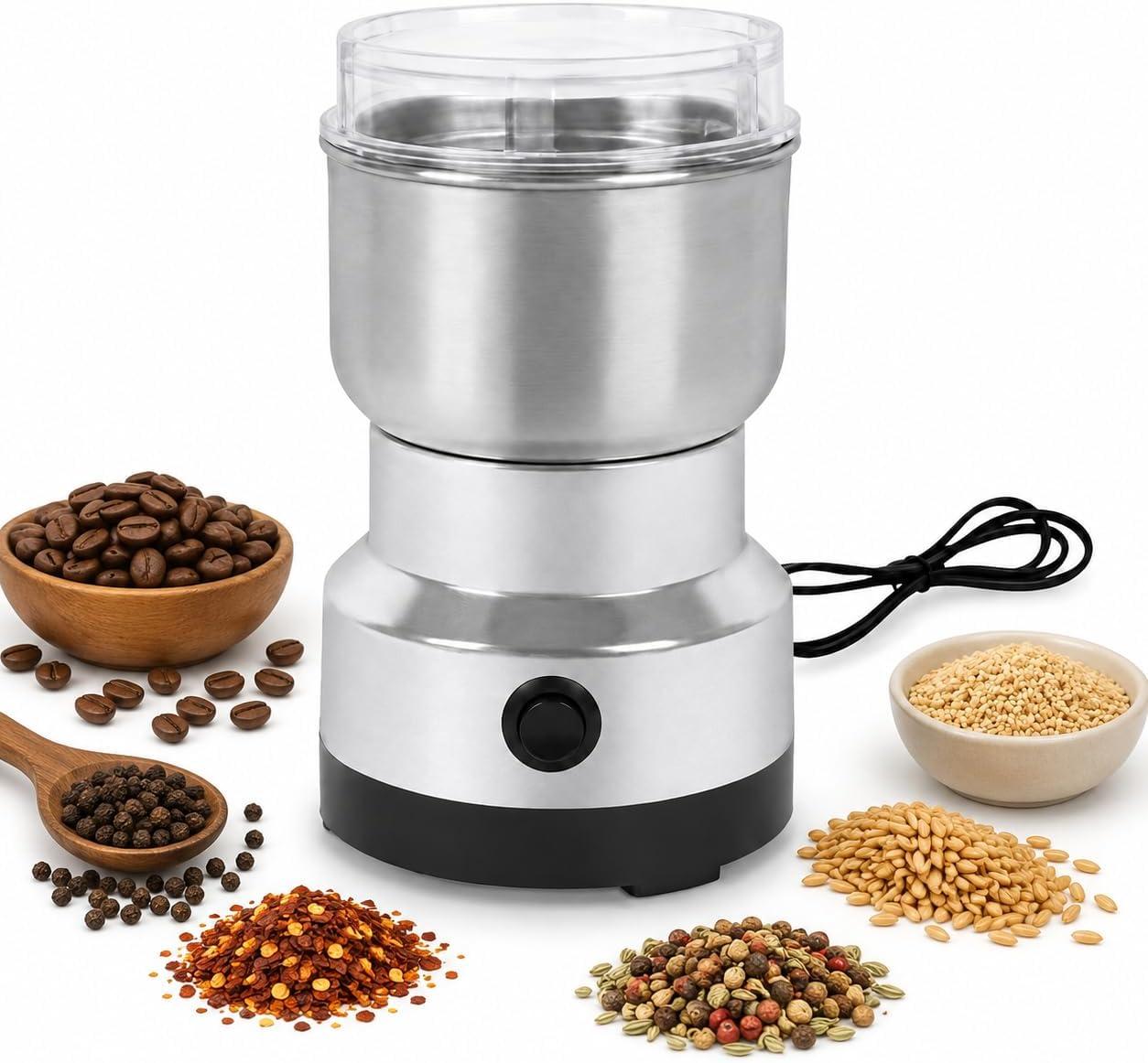 Moedor de Café Elétrico em Aço Inoxidável - 110V, Alta Potência 300W, com Lâminas em Aço Inox, 400ml, Grossa Fina e Média, Silencioso, Tampa T