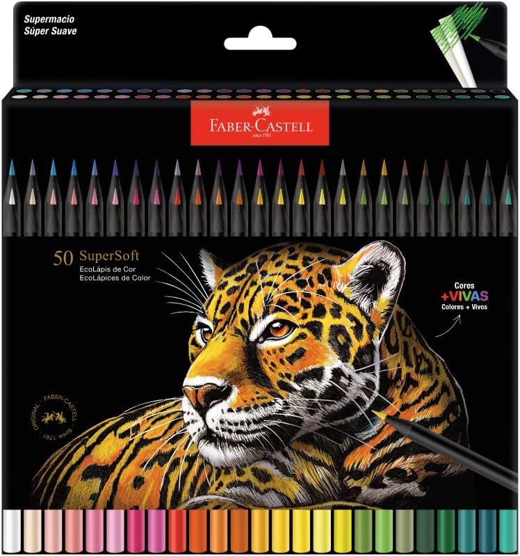 Faber-Castell Lápis De Cor Supersoft com 50 Cores - Ecolápis super mácio com cores mais vivas, excelente cobertura