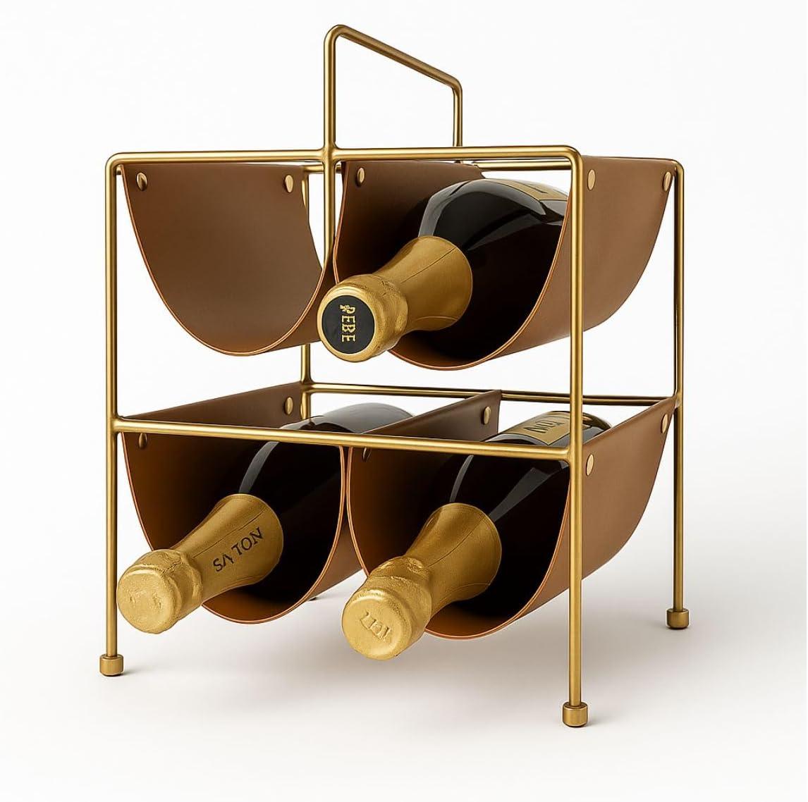 Suporte Vinho Mini Adega Com 4 Compartimento para Vinhos Em Couro Premium