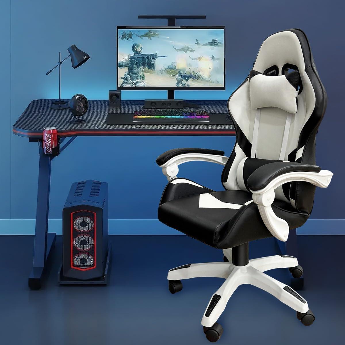 Cadeira Gamer Ergonômica com Ajuste de Altura, Apoio para Cabeça, Reclinação 90°-150° e Rodas 360° - Suporta até 120kg