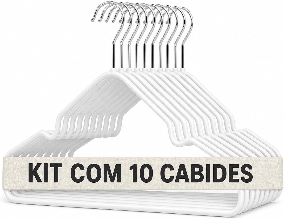 Kit 10 Cabides Branco Preto Café Antiderrapante C/Curva e Gancho de Metal