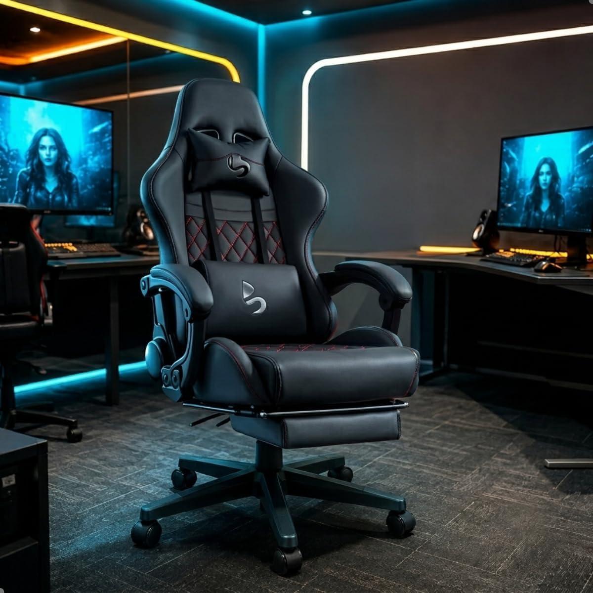 Cadeira Gamer de Escritório Ergonômica com Apoio para Pés, Reclinável, Almofadas Lombar e Pescoço, Base Nylon 50mm, Suporta 150kg (Preto)