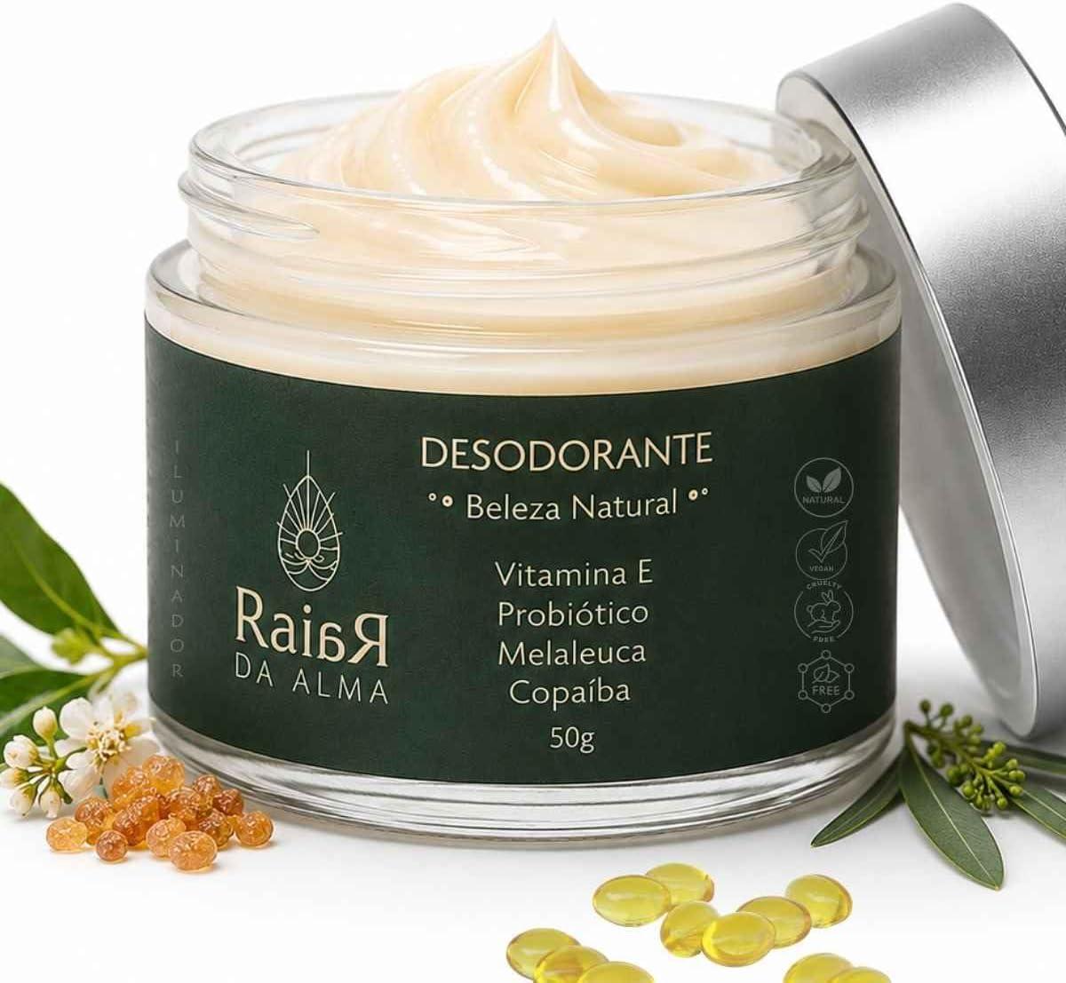 RAIAR DA ALMA Desodorante Natural Vegano - Vitamina E, Probióticos, Melaleuca, Copaíba, Cupuaçu, Manga, Alecrim, Capim-limão. Purifica, Nutre, Protege, Ilumina.