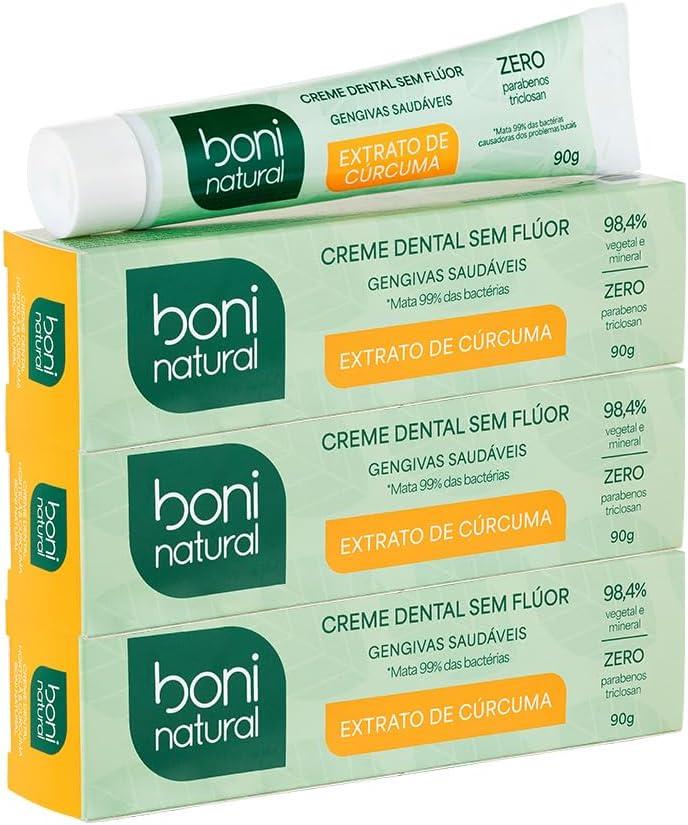 Creme Dental Boni Natural com Óleo de Hortelã e Extrato de Cúrcuma, Vegano, Sem Flúor, 90g, 3 unidades