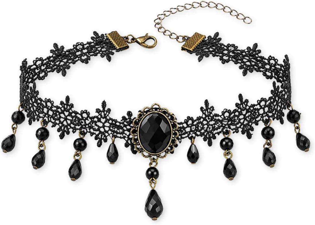 Choker Gótico Feminino Preto Ajustável com Renda Pendentes e Pedra Central Elegante para Festas Looks e Ocasiões Especiais