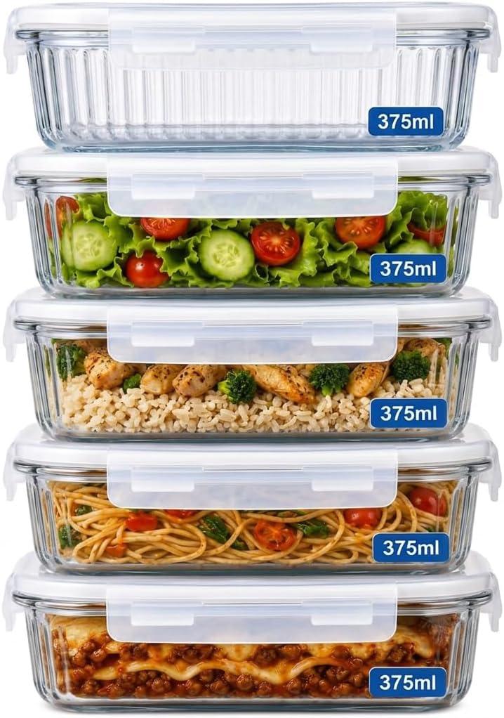 Kit 5 Potes de Vidro Herméticos 375ml – Tampa com Trava, Vedação Airtight, Ideal para Marmitas, Porta Mantimentos, Alimentos e Organização, Acabamento Premium