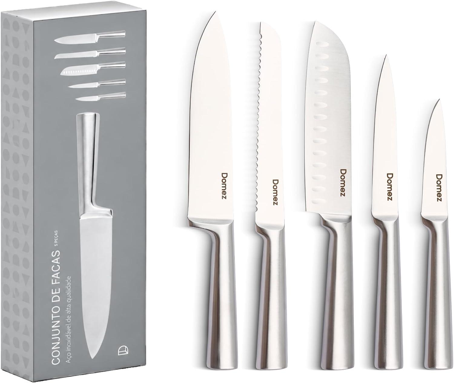 DOMEZ Jogo de Facas de Cozinha Afiadas com Fio de 15° 5 Peças Inox