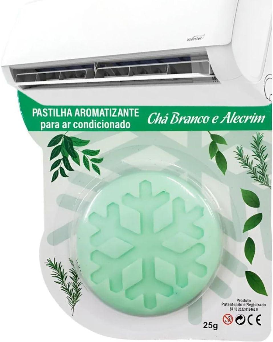 Pastilha Bactericida Aromatizante para Ar Condicionado Split – Chá Branco e Alecrim (25g) Higienizadora Ação neutralizadora de odores Aroma contínuo ELIMINA MAU CHEIRO