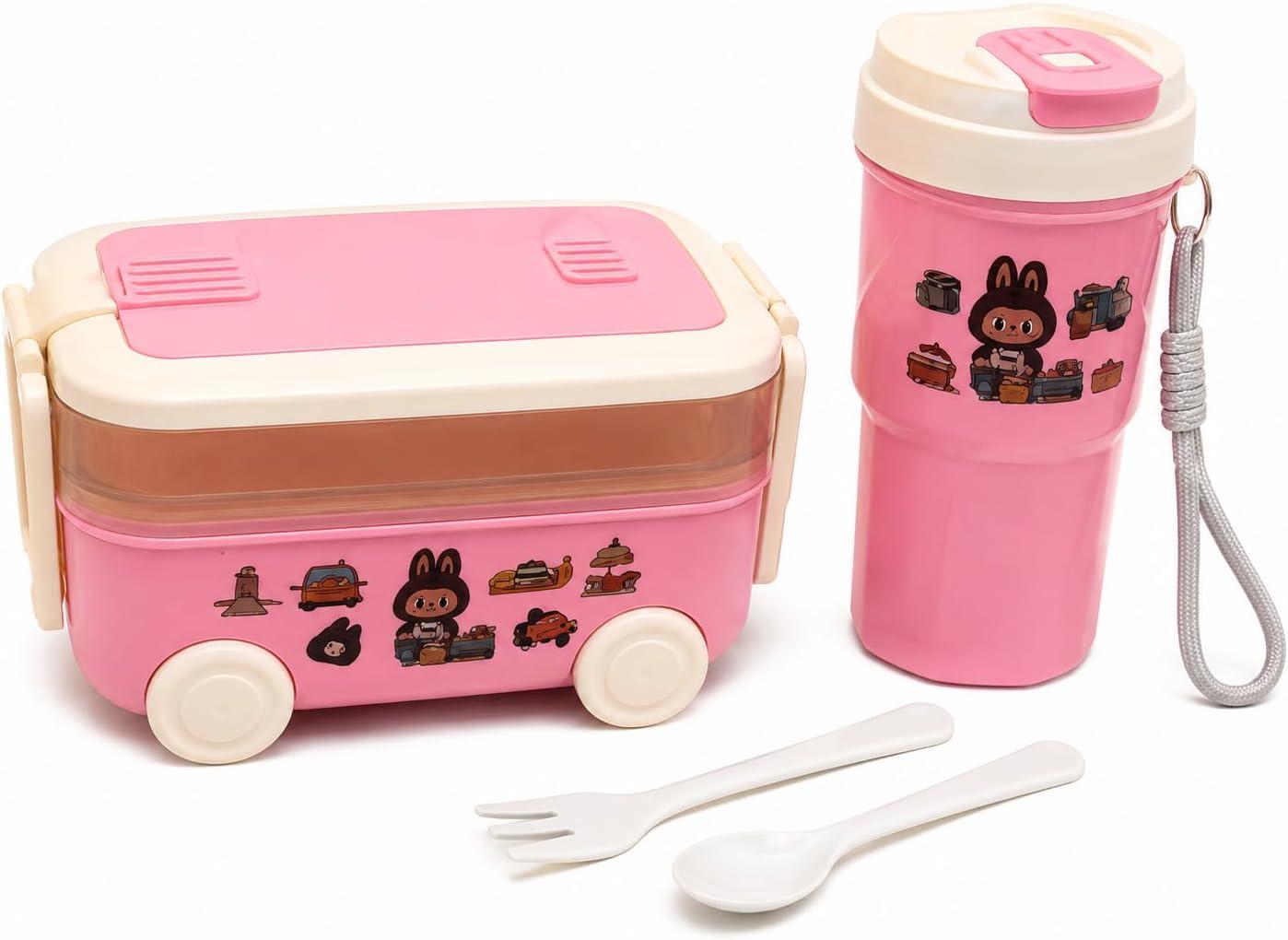 Kit Lancheira Formato de Ônibus com Copo e 2 Talheres, 2 Compartimentos para Alimentos e Lanches, Marmita com Divisórias, Kit para Escola, Passeios e Viagens (ROSA)