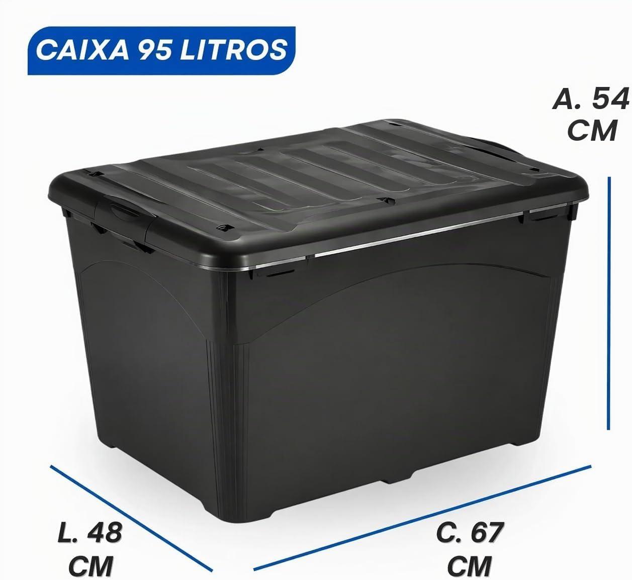 Caixa Organizadora 95 Litros com Tampa e 6 Rodas Preta Empilhável