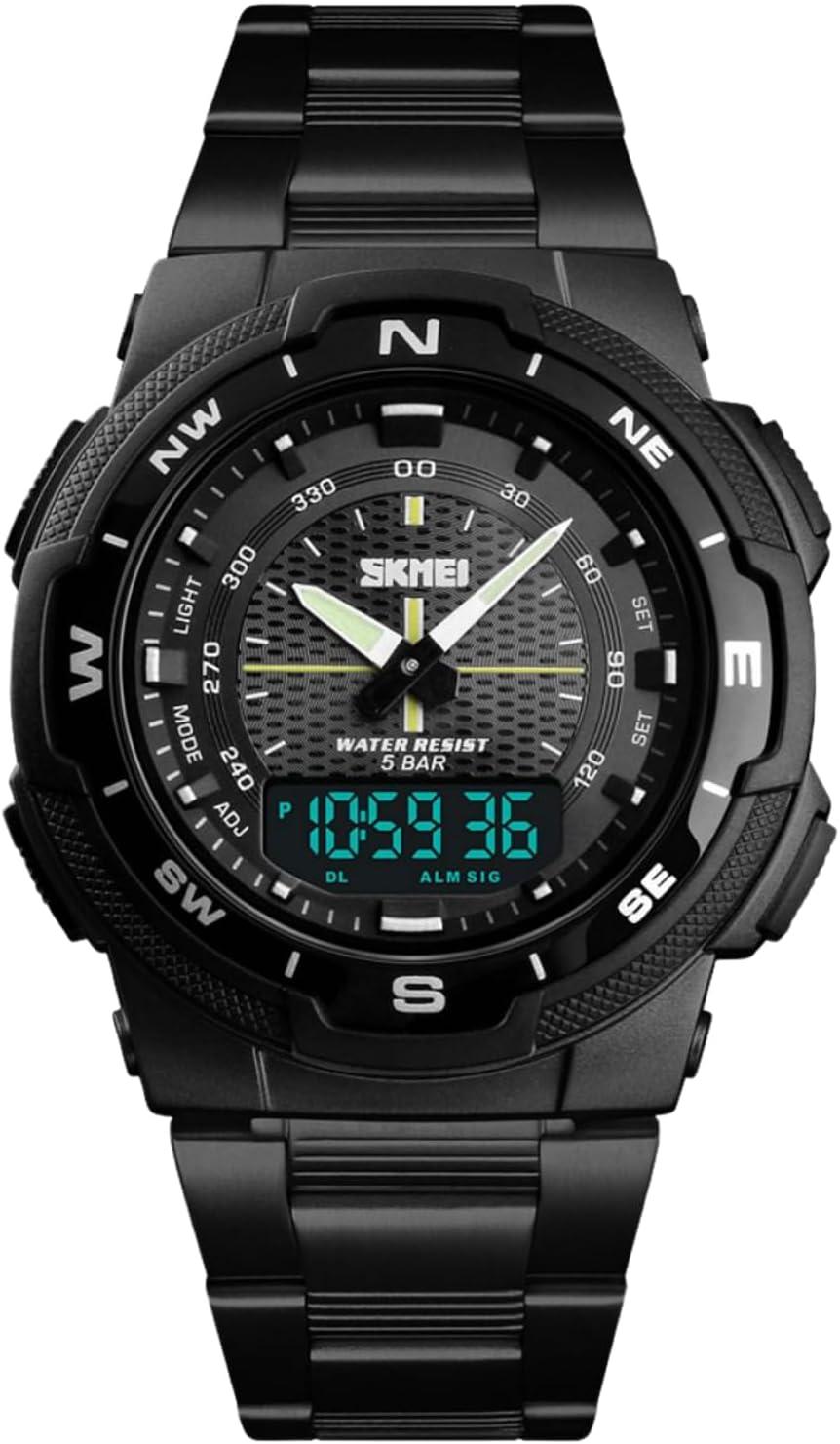 Relógio de pulso masculino de marca 1370, com pulseira de aço inoxidável, mostrador de data, ponteiros luminosos e mecanismo de quartzo Wristwatch