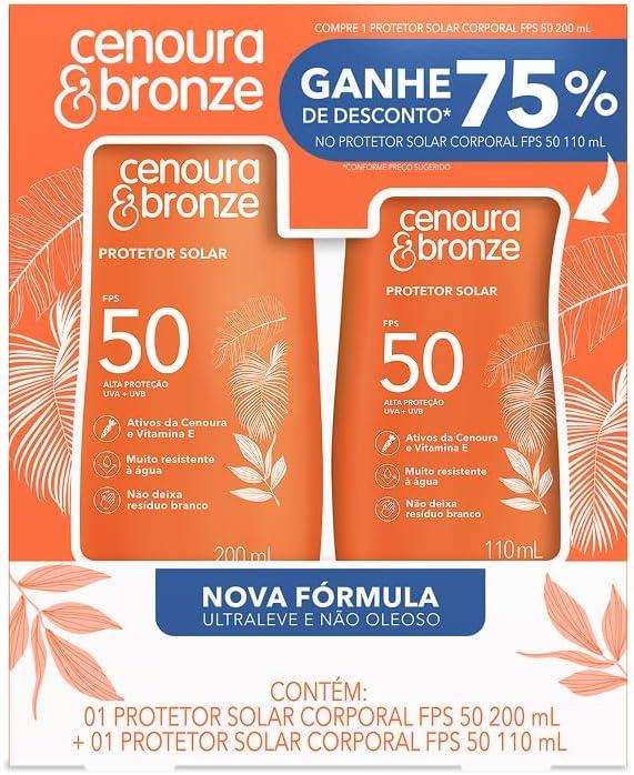 Protetor Solar Líquido Cenoura e Bronze, FPS 50, Kit com 2 Unidades