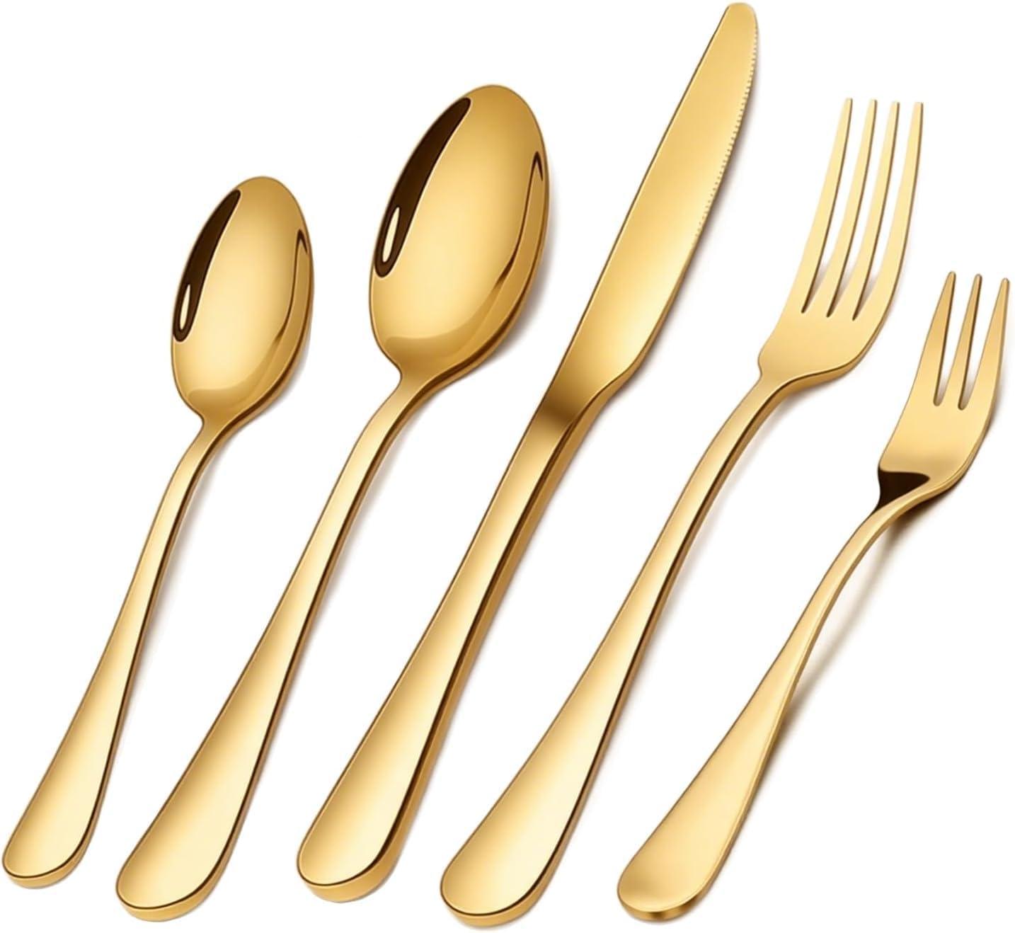 Conjunto de Talheres 30 Peças Aço Inoxidável Premium - 6 Facas, 6 Garfos, 6 Colheres, 6 Garfos Salada, 6 Colheres Chá - Presente Elegante para Casa/Restaurante- Dishwasher Safe (ouro)