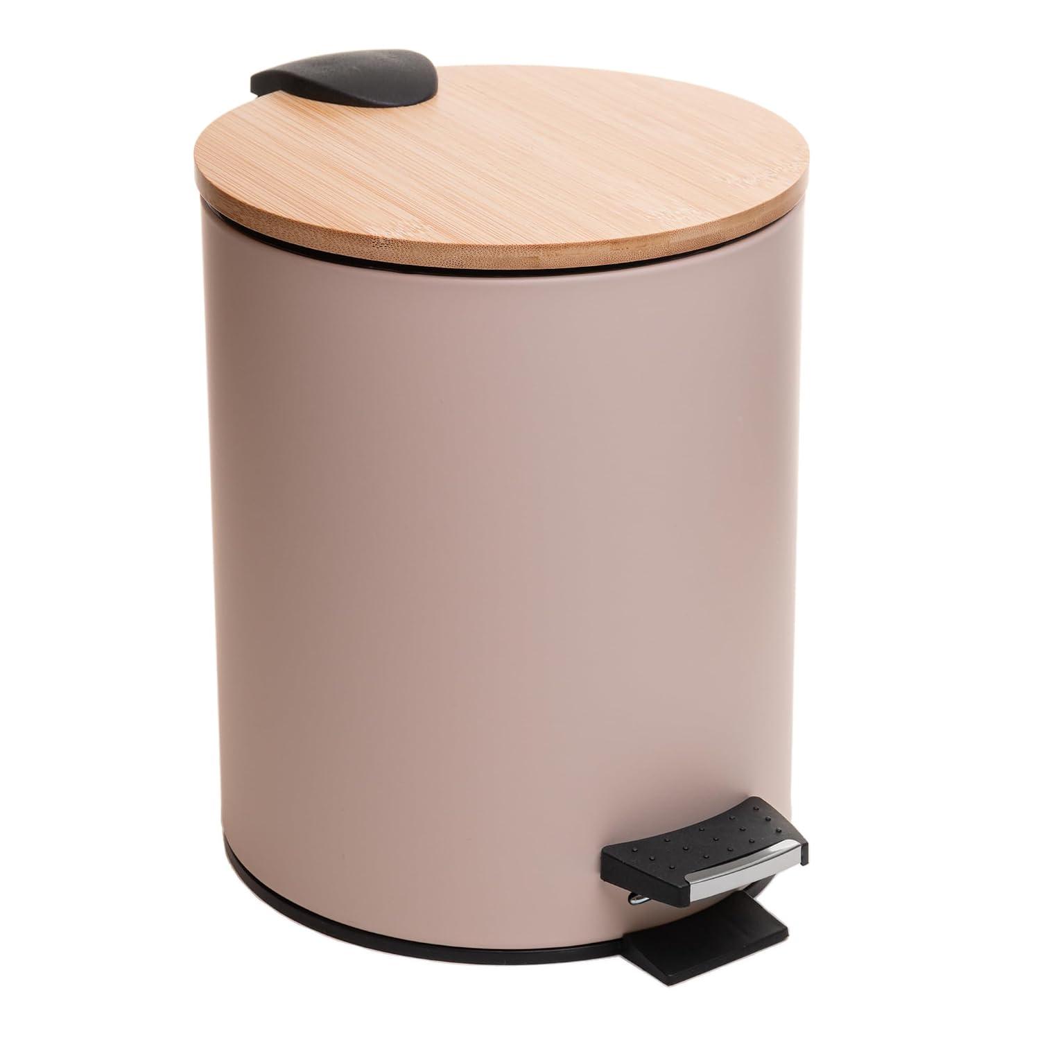 LYOR - Lixeira Redonda com Tampa em Bambu e Pedal 5L Bege Aço Inox
