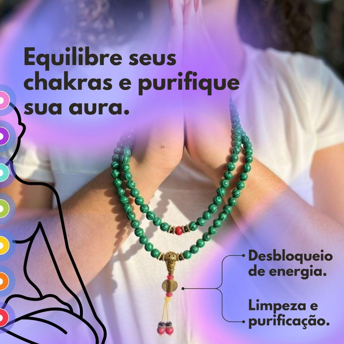 Japamala de Malaquita "Purity" 108 Contas 8mm Colar Espiritual para Meditação Cura Energética Desbloqueio de Chakras Artesanal - Acompanha Bolsa de Veludo