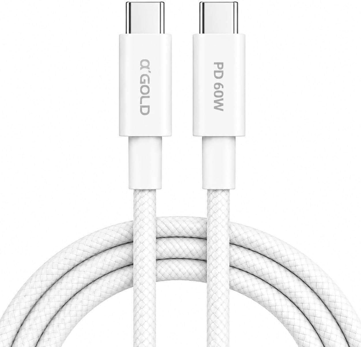 Cabo USB-C para USB-C 1 Metro 60W, Carregamento Rápido Turbo PD, Cabo Tipo-C Nylon Trançado Reforçado para iPhone 15/16, Samsung, Motorola, Xiaomi, iPad, MacBook e Notebook