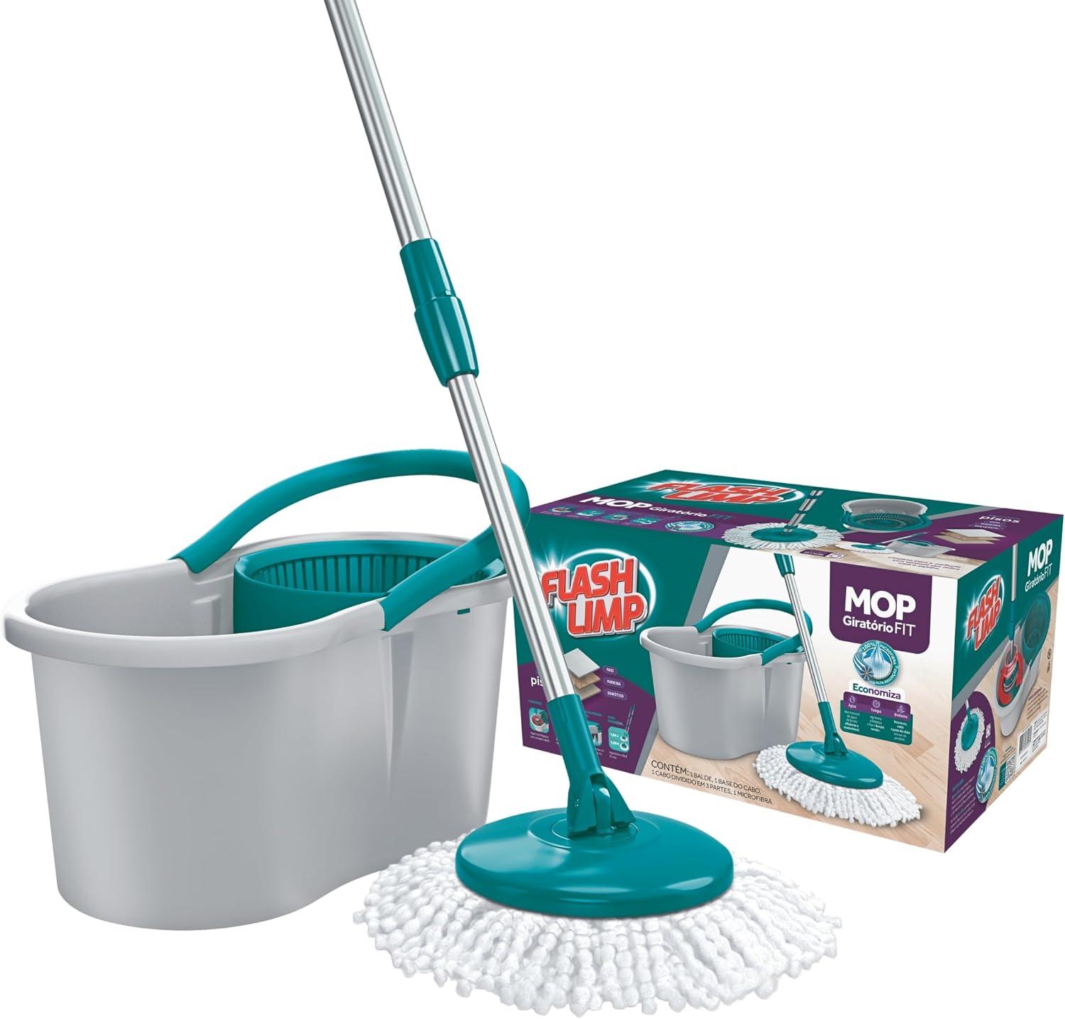 Mop FIT Giratório com 2 refis microfibra, balde com 8 litros, MOP5010, Flash Limp - Verde