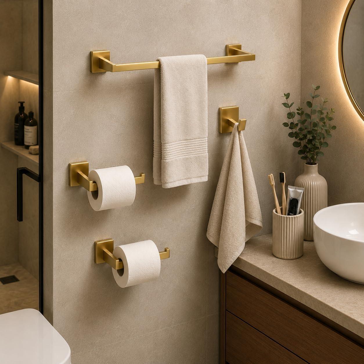 Acessórios de Banheiro Dourado Kit com 4 peças montados na parede
