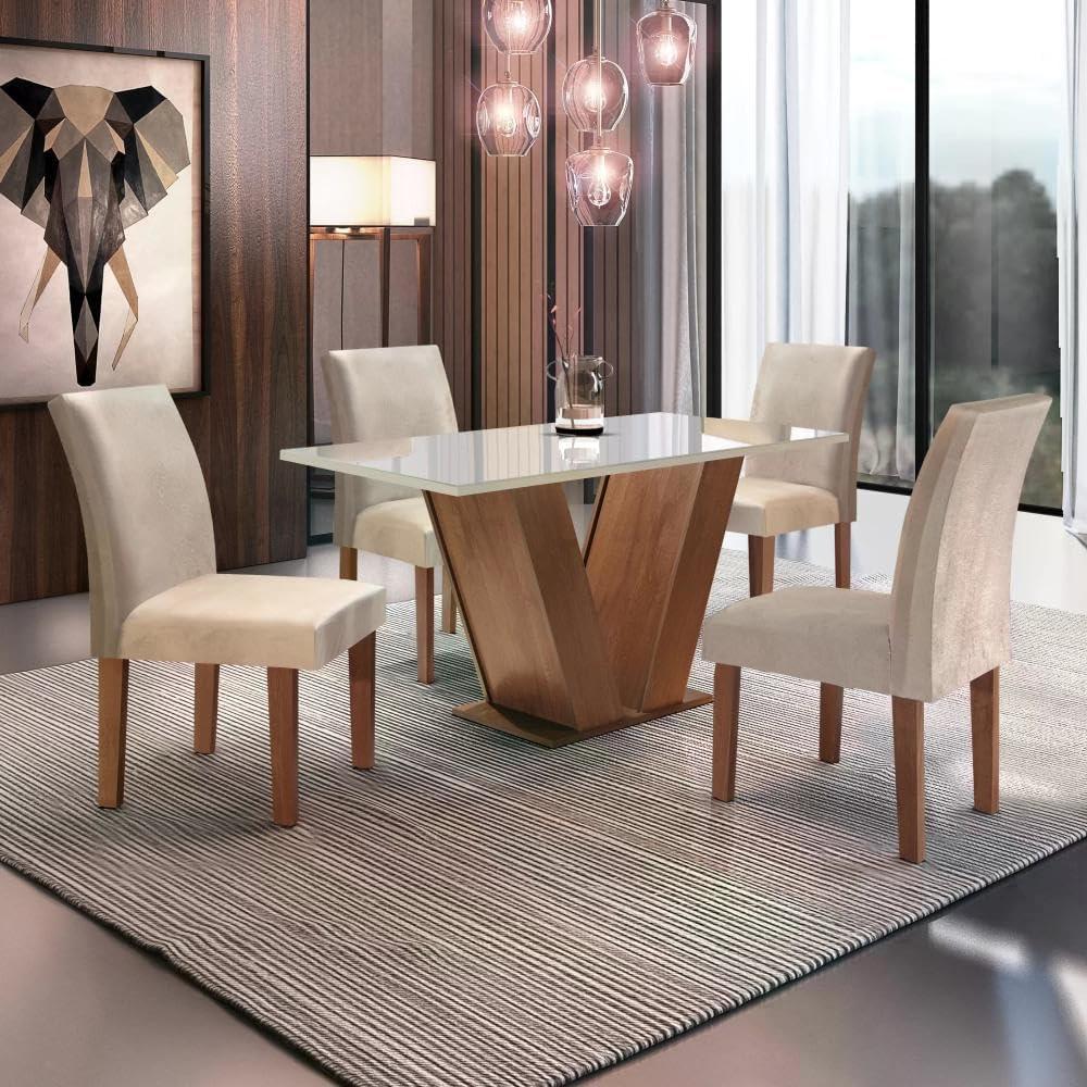 Conjunto Sala de Jantar Mesa Tampo de Vidro 4 Cadeiras Espanha Yescasa Chocolate/Off White/Suede Bege