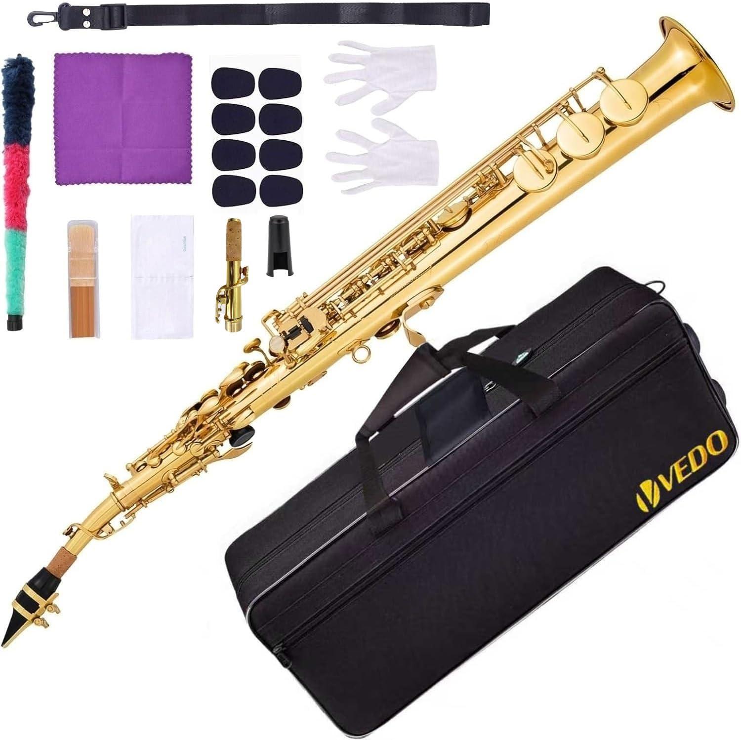 VEDO Saxofone Soprano Em Bb, Instrumento De Tubo Reto, Campana Integrado, Adequado Para Iniciantes E MúSicos NíVel IntermediáRio, Estojo, Boquilha, Sapatilhas, Palhetas, Kit Limpeza, Correia, Ouro