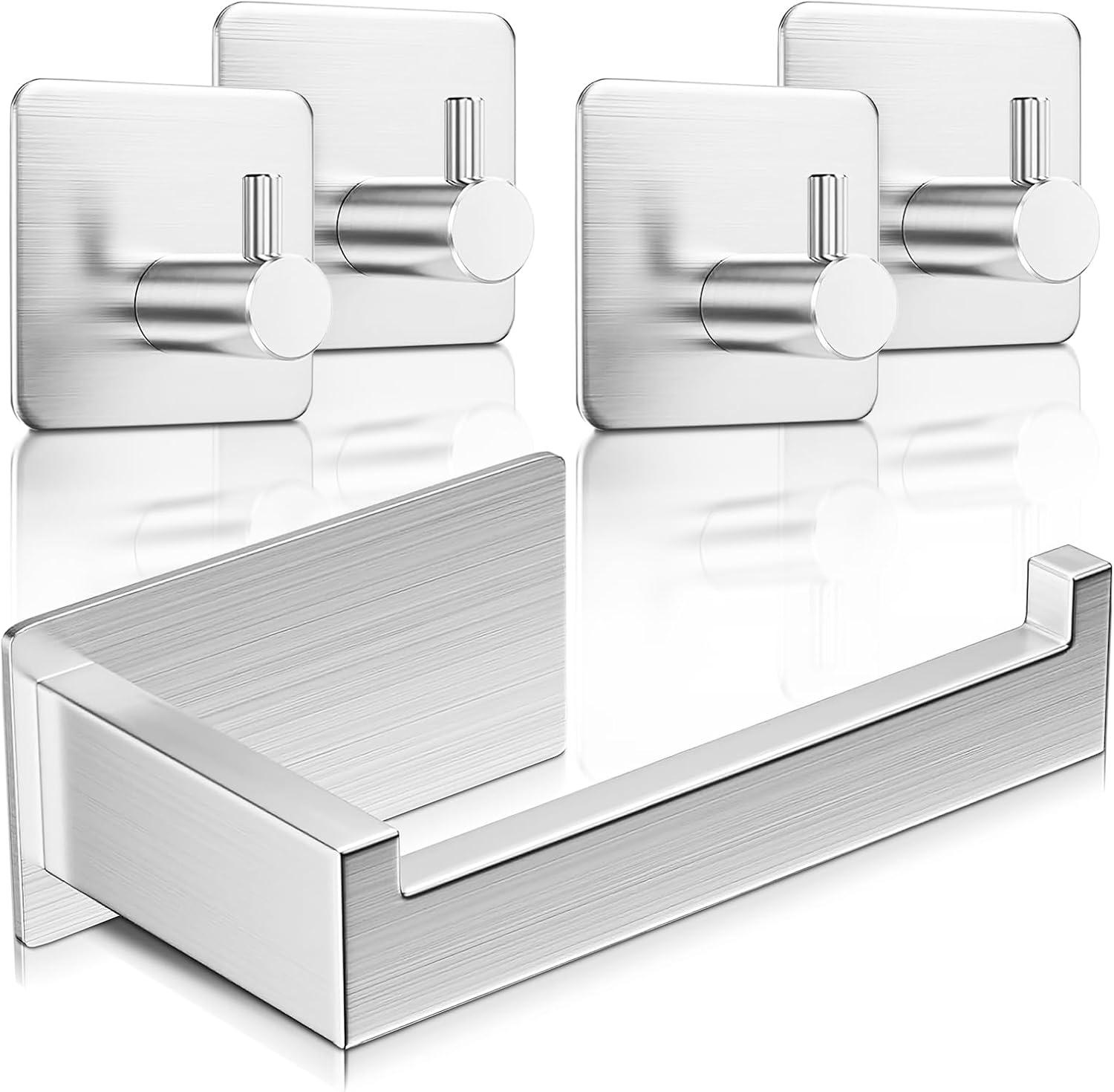 Porta Papel Higienico Adesivo, Suporte para Papel Higienico com 4 Gancho Adesivo, Kit Suporte Papel Higienico Em Aço Inox Premium para Organização no Banheiro (Prata)