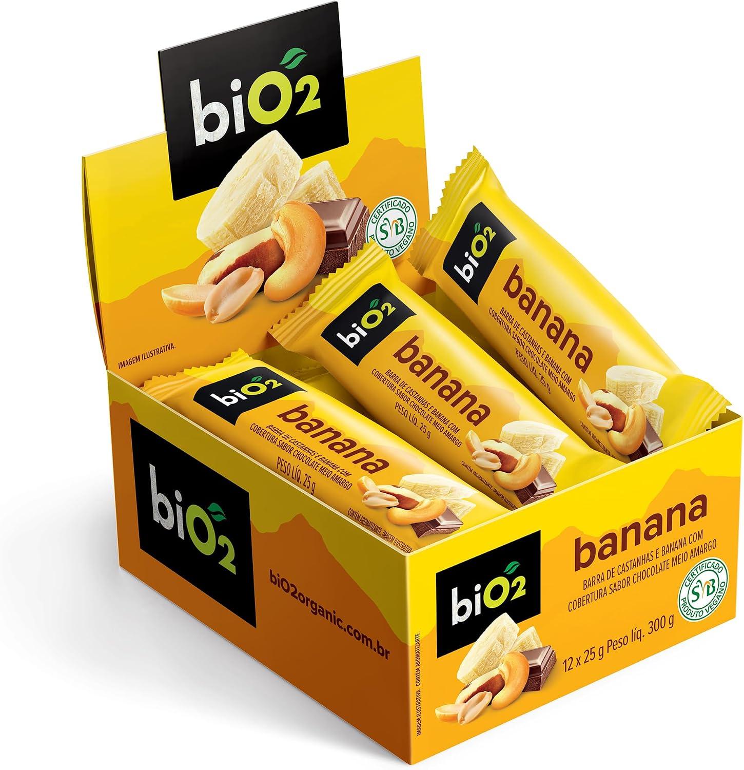 Barra de Castanhas e Frutas biO2 Nuts Banana com Chocolate, Caixa com 12 unidades de 25 g, Vegana e sem Glúten