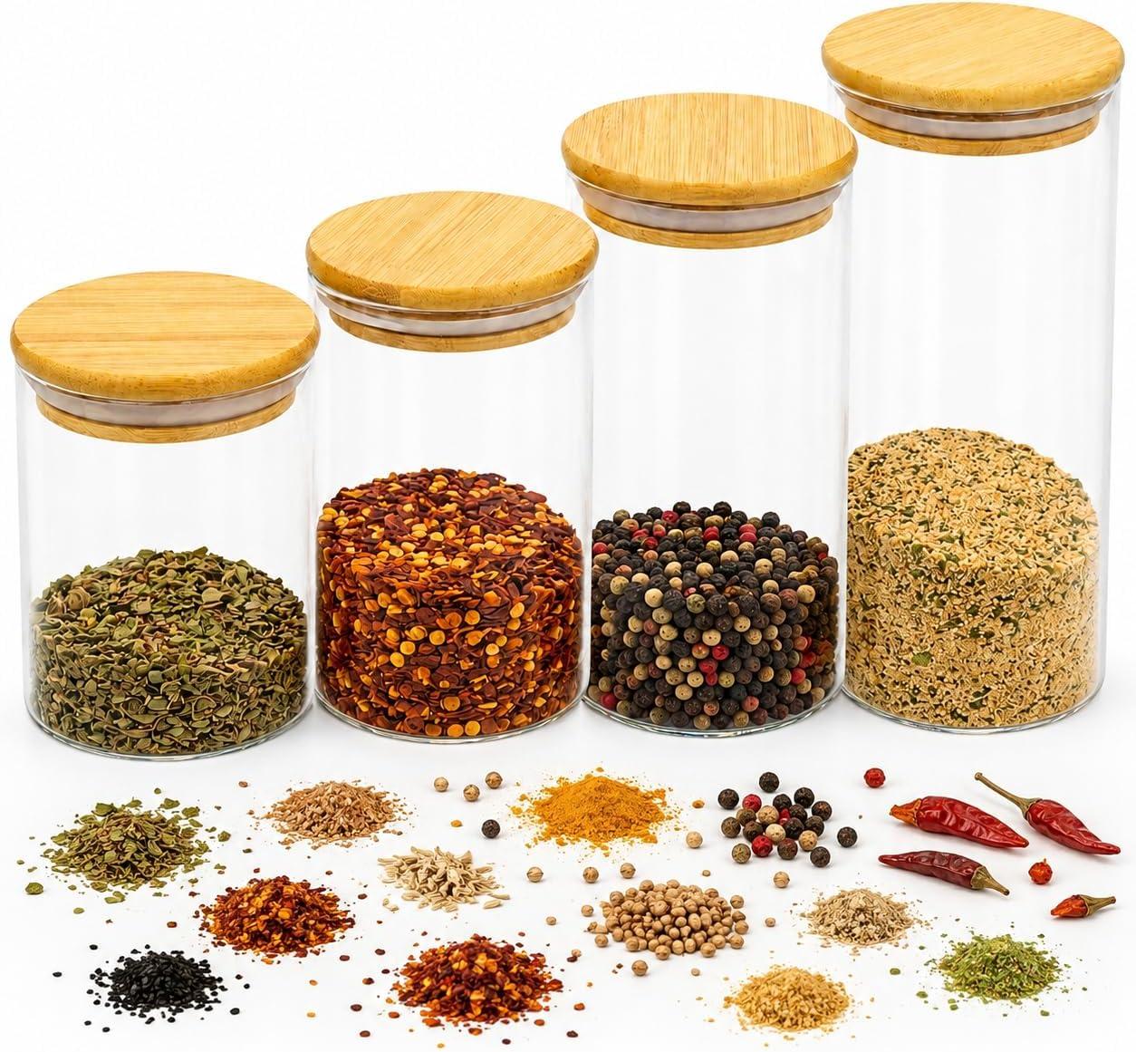 Porta Temperos de Vidro com Tampa Bambu Porta Mantimentos Organizacao Cozinha Armazenamento Alimentos Kit Pote Hermetico Vidro