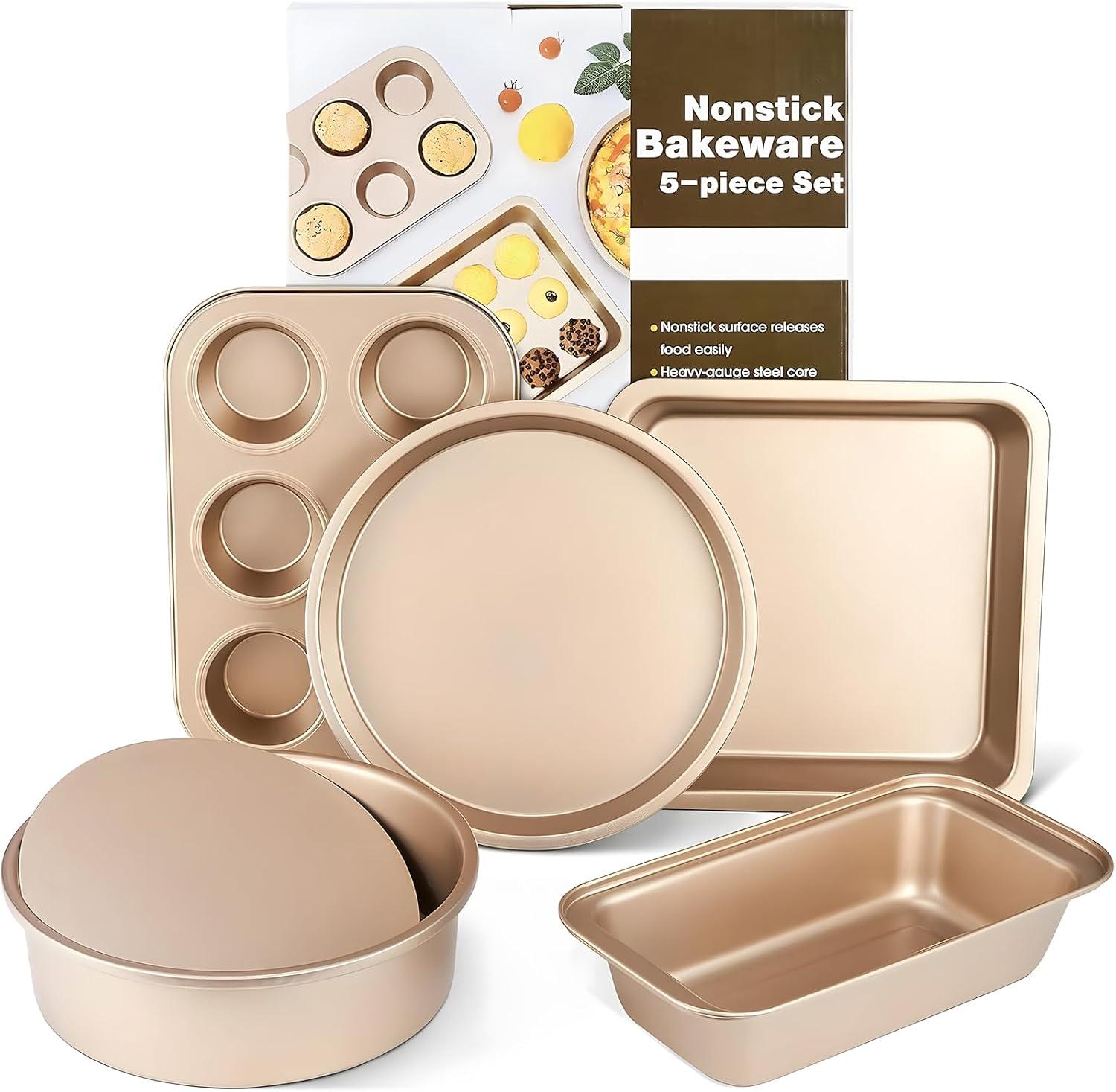 Conjunto Assadeira Antiaderente 5 Peças Tabuleiro Cozinha Reutilizável Jogo Forma Pão Bolo Alumínio com Revestimento Interno Forma Aço Assadeira Antiaderente para Cupcake e Muffin