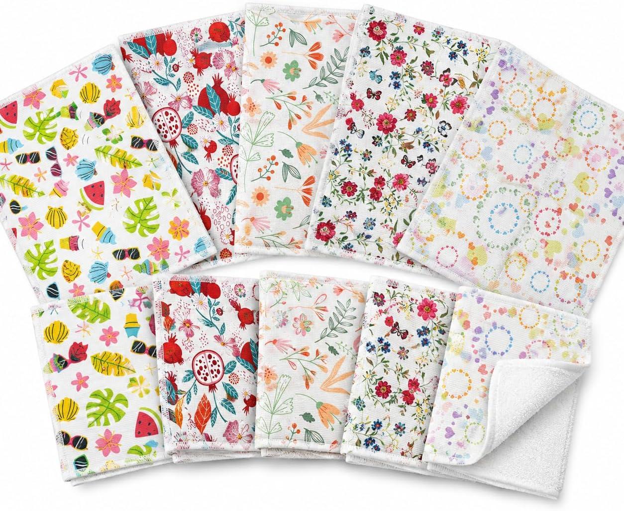 Kit 10 Panos de Prato Felpudos Atoalhados 30x30cm em Poliéster Macio, Branco Estampado, Multiuso para Secar Louças, Mãos e Limpeza Geral da Cozinha (10)