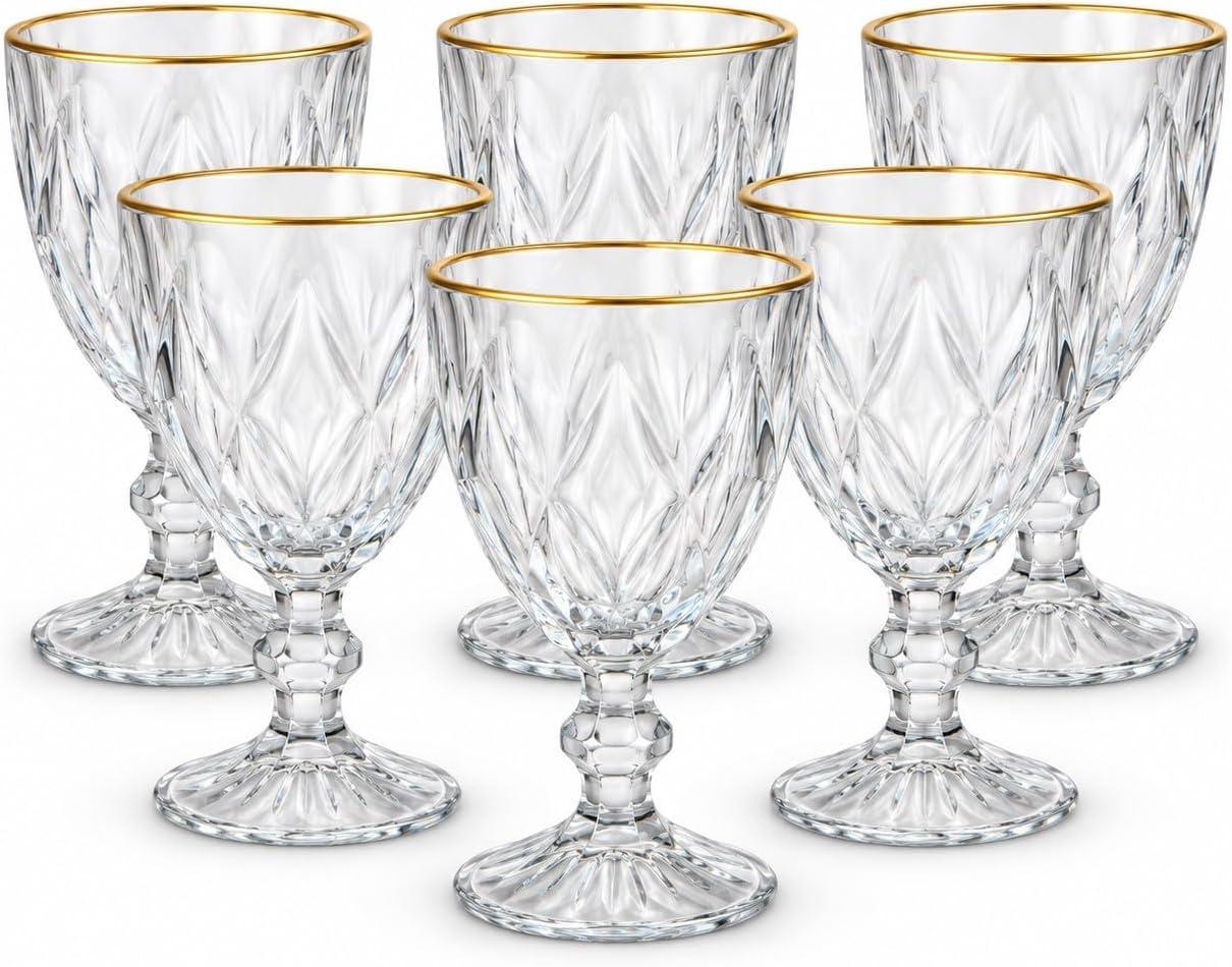 Jogo de 6 Taças de Vidro Diamond Transparente Borda Dourada Ouro de 330ml Design Elegante e Resistente Ideal para Suco Água Refrigerante Drinks e Café para Cozinha Bar e Restaurante