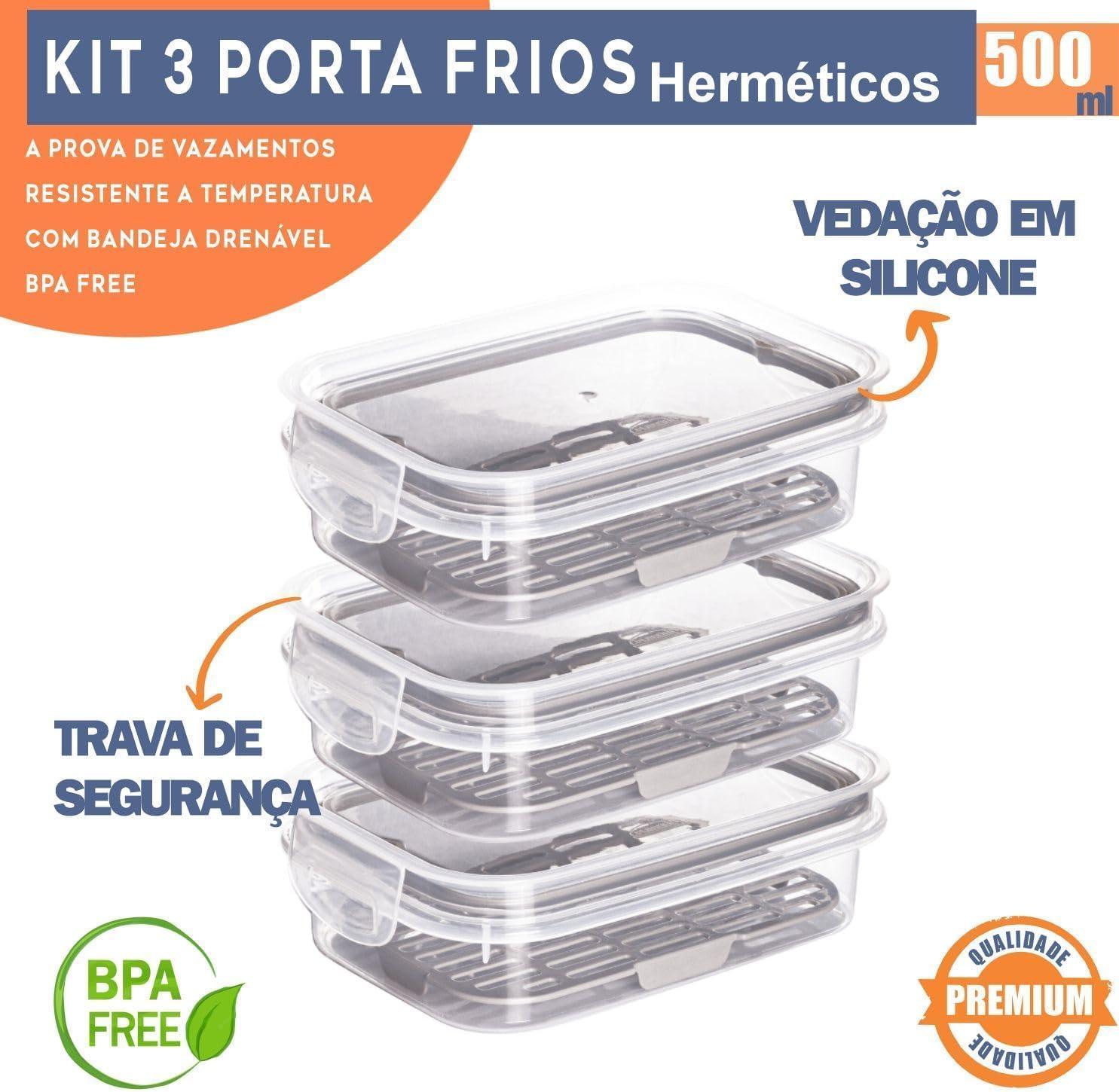 Kit 3 Porta Frios Queijo Presunto Hermético Empilhavel com Dreno e Trava 500ml