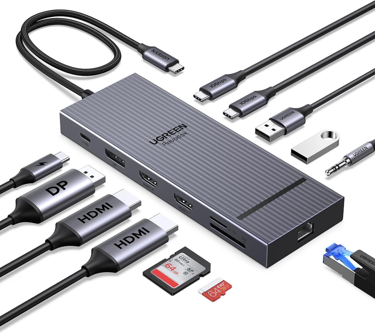 UGREEN Revodok Pro Hub USB C Dock Station 12 em 1 com Dual HDMI e DP